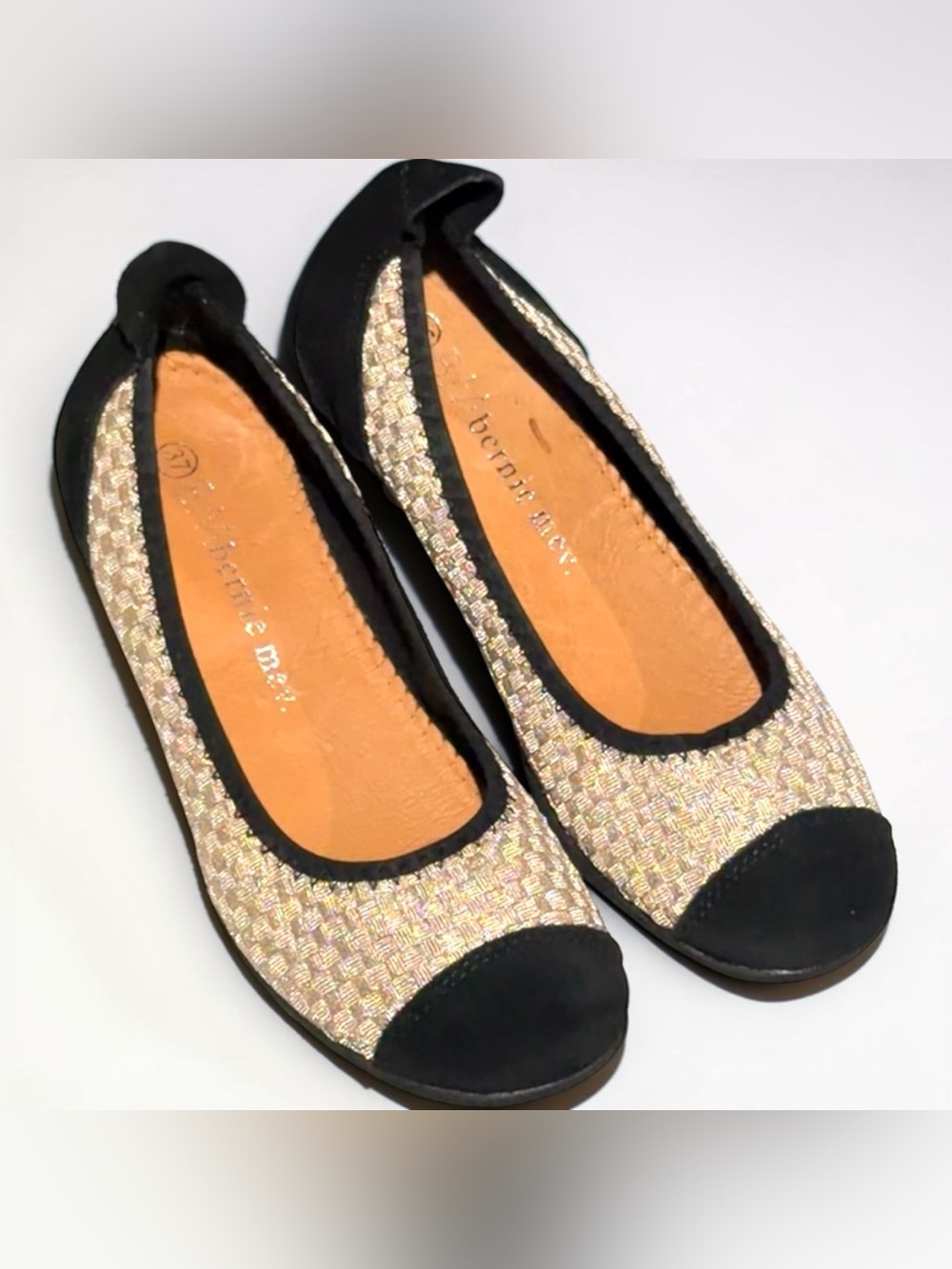 Bernie Mev Light Gold Shimmer Ballet Flats with Black Suede Toe and Heel